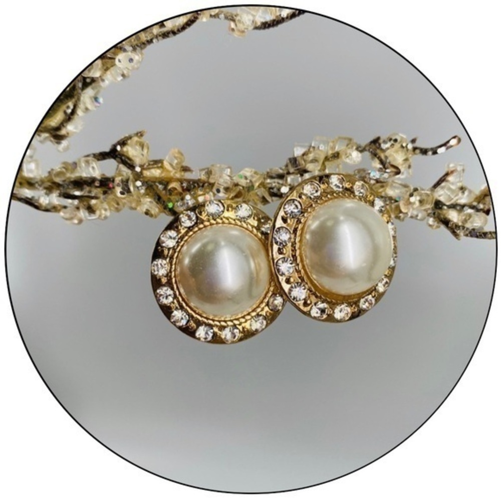 Round Faux Pearl CZ Gold Tone Earrings